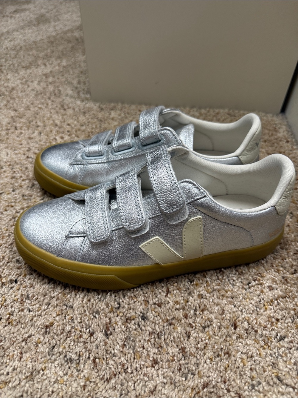 Veja Silver Velcro Sneakers with Cream V and Gum Sole, worn once